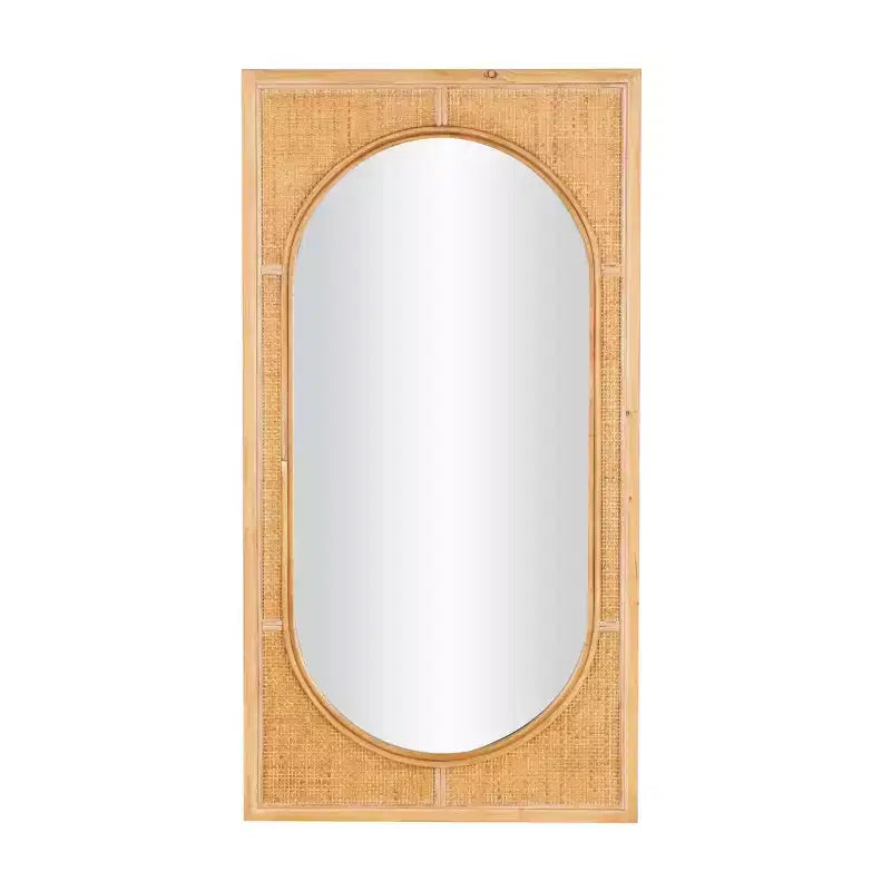 Olivia & May 42"x22" Rattan Wall Mirror with Oval Center Brown: Modern Style, No Assembly, Wall Mounted