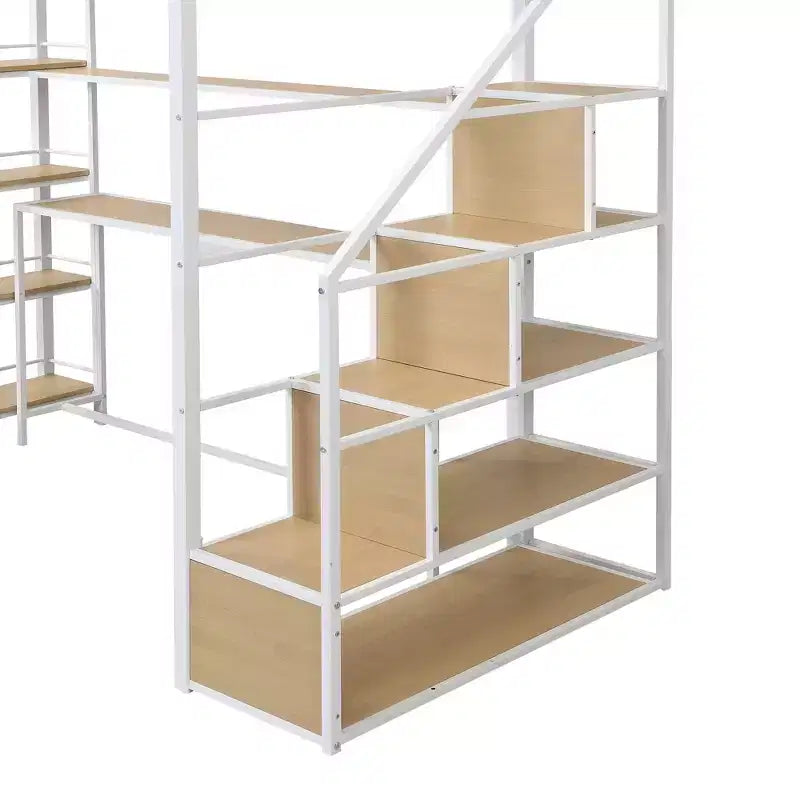 Lit mezzanine double/grand format avec bureau, escalier et étagères de rangement, cadre de lit mezzanine en métal - ModernLuxe