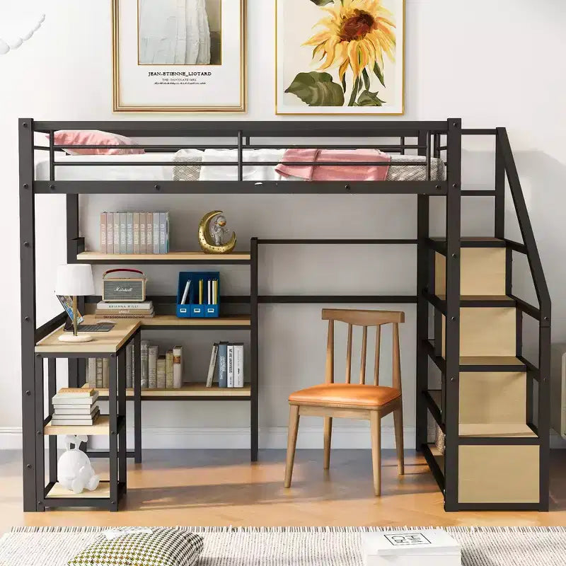 Lit mezzanine double/grand format avec bureau, escalier et étagères de rangement, cadre de lit mezzanine en métal - ModernLuxe