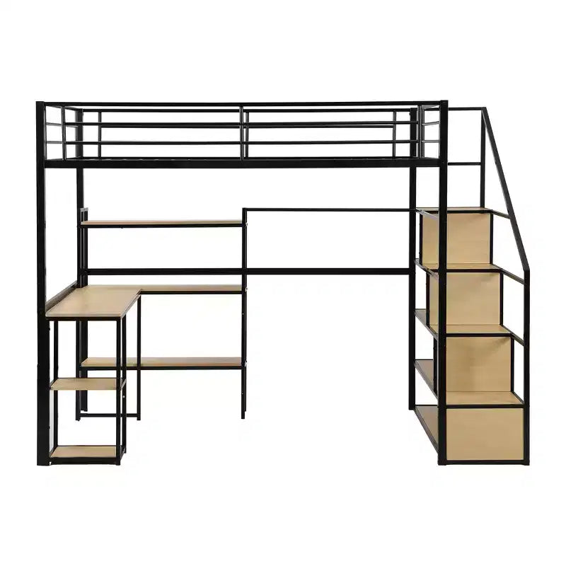Lit mezzanine double/grand format avec bureau, escalier et étagères de rangement, cadre de lit mezzanine en métal - ModernLuxe