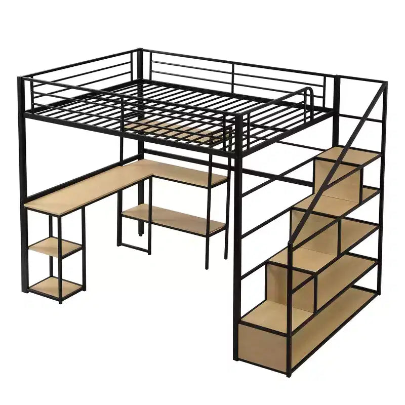 Lit mezzanine double/grand format avec bureau, escalier et étagères de rangement, cadre de lit mezzanine en métal - ModernLuxe