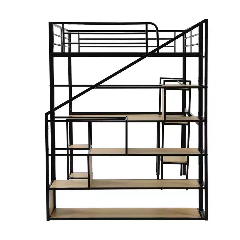 Lit mezzanine double/grand format avec bureau, escalier et étagères de rangement, cadre de lit mezzanine en métal - ModernLuxe