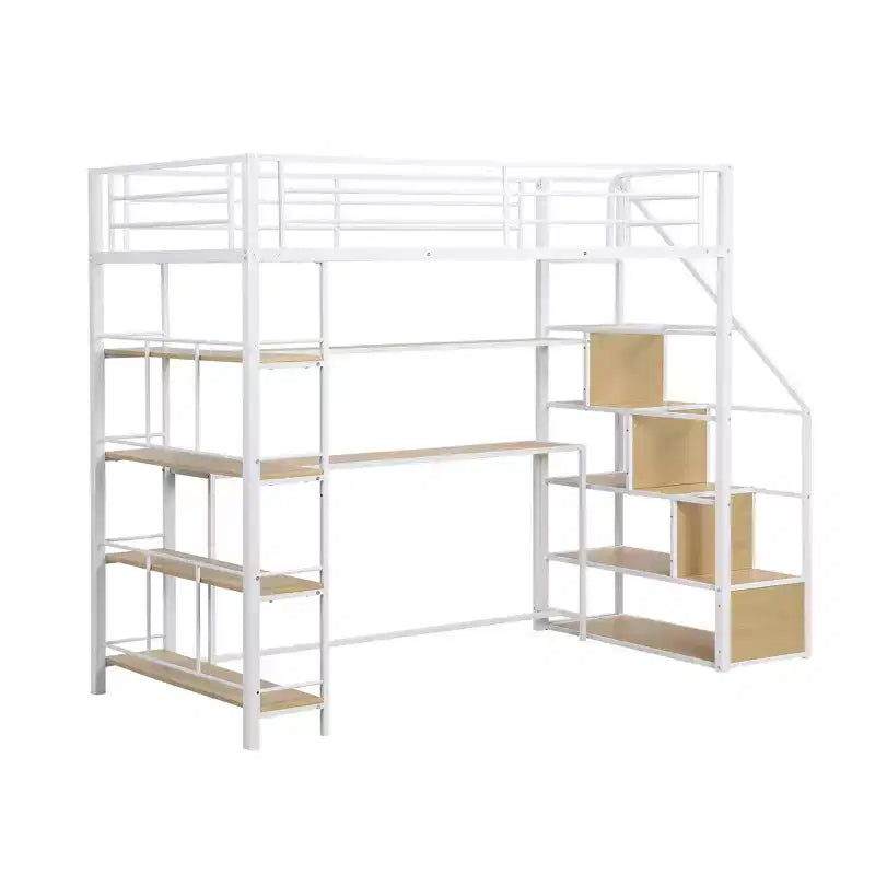 Lit mezzanine double/grand format avec bureau, escalier et étagères de rangement, cadre de lit mezzanine en métal - ModernLuxe