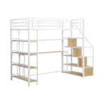 Lit mezzanine double/grand format avec bureau, escalier et étagères de rangement, cadre de lit mezzanine en métal - ModernLuxe