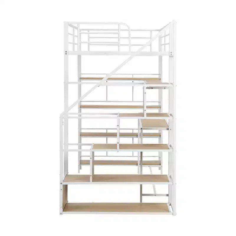 Lit mezzanine double/grand format avec bureau, escalier et étagères de rangement, cadre de lit mezzanine en métal - ModernLuxe