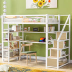 Twin/Full Size Loft Bed with Desk, Staircase and Storage Shelves, Metal Loft Bed Frame - ModernLuxe