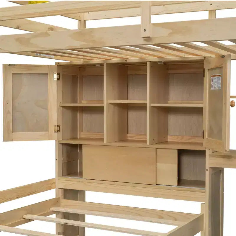 Lit superposé Whisen 94,4''L x 92''L, deux places, avec bureau intégré et escalier, compartiments de rangement et étagères