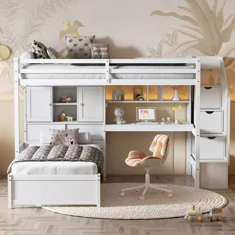 Lit superposé Whisen 94,4''L x 92''L, deux places, avec bureau intégré et escalier, compartiments de rangement et étagères