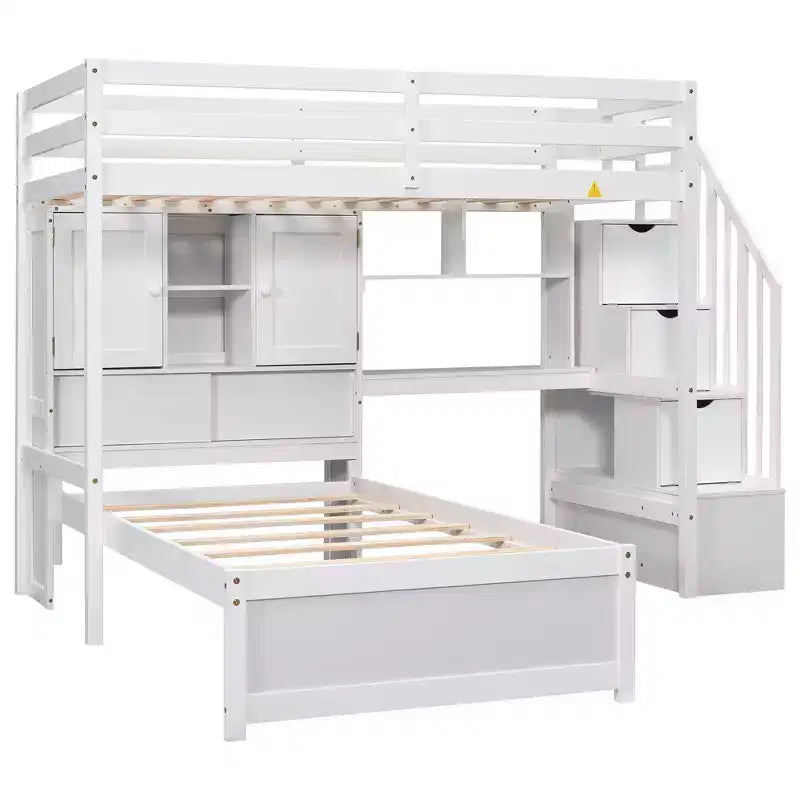 Lit superposé Whisen 94,4''L x 92''L, deux places, avec bureau intégré et escalier, compartiments de rangement et étagères