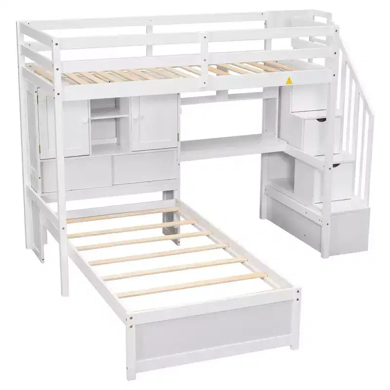 Lit superposé Whisen 94,4''L x 92''L, deux places, avec bureau intégré et escalier, compartiments de rangement et étagères