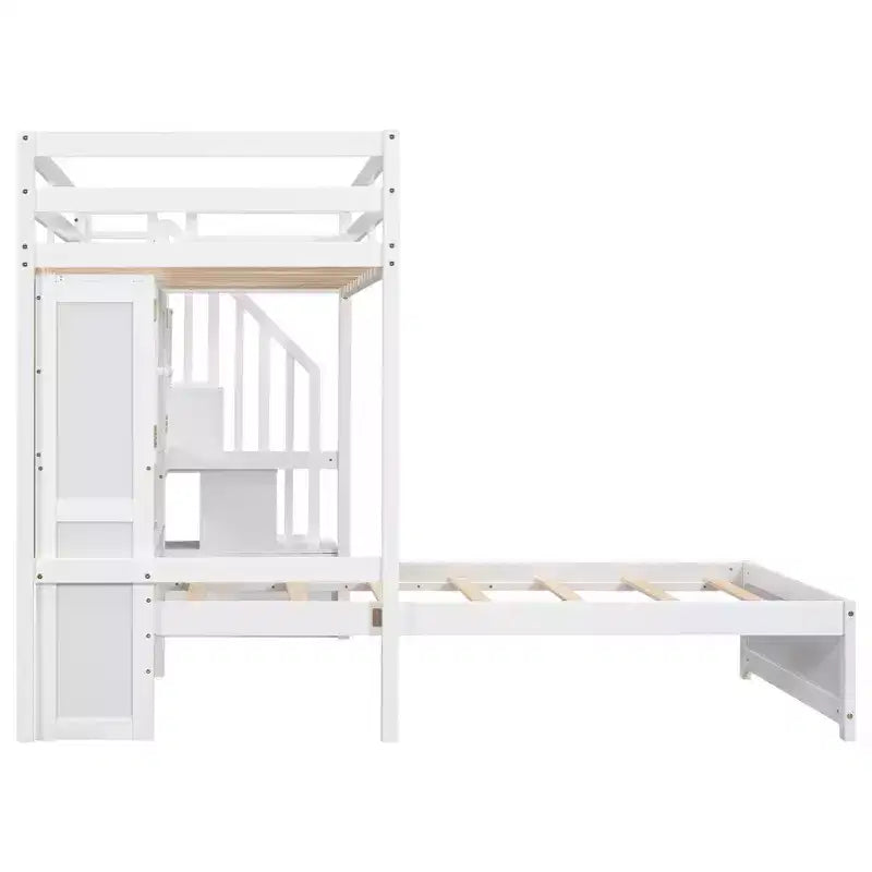 Lit superposé Whisen 94,4''L x 92''L, deux places, avec bureau intégré et escalier, compartiments de rangement et étagères
