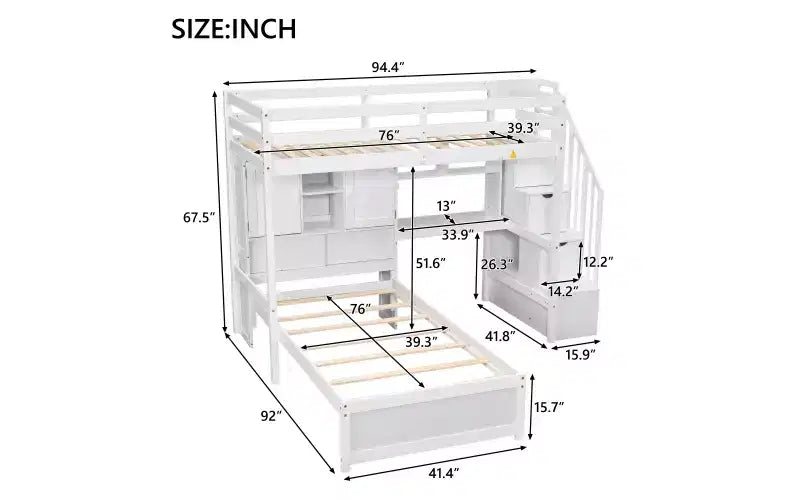 Lit superposé Whisen 94,4''L x 92''L, deux places, avec bureau intégré et escalier, compartiments de rangement et étagères