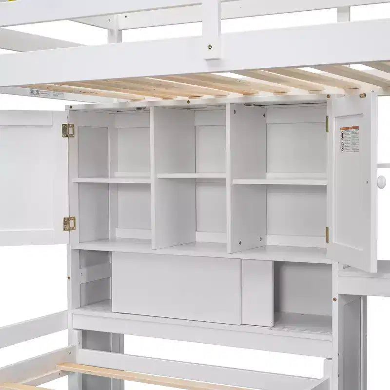 Lit superposé Whisen 94,4''L x 92''L, deux places, avec bureau intégré et escalier, compartiments de rangement et étagères