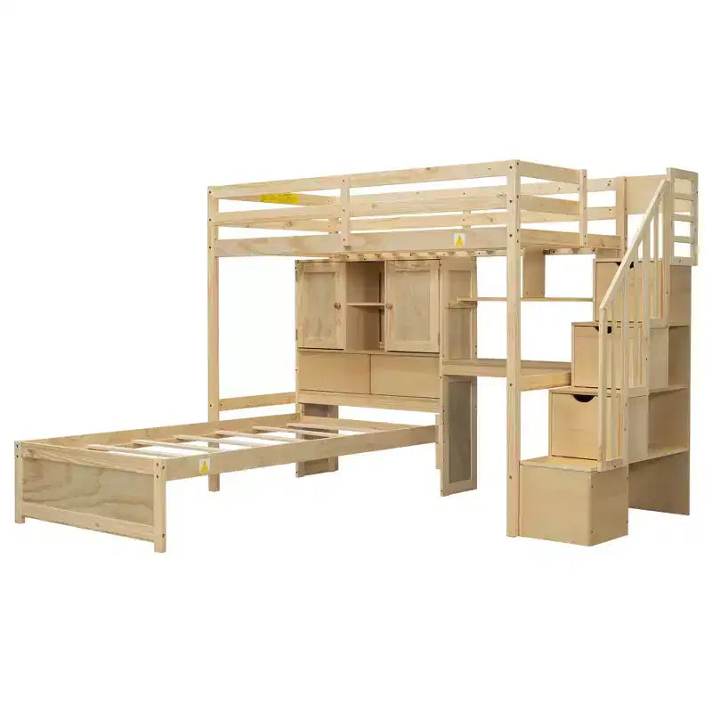 Lit superposé Whisen 94,4''L x 92''L, deux places, avec bureau intégré et escalier, compartiments de rangement et étagères