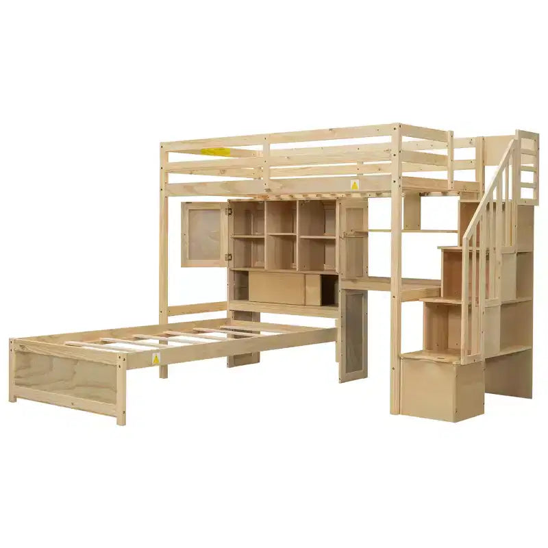 Lit superposé Whisen 94,4''L x 92''L, deux places, avec bureau intégré et escalier, compartiments de rangement et étagères