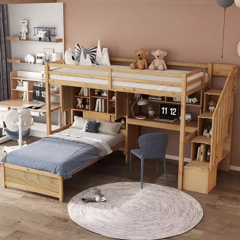 Whisen 94.4''L  92''W Twin over Twin Loft Bed with Built-in Desk and Staircase, With Storage Compartments and Shelves