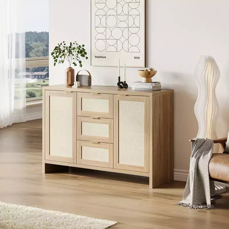 Garvee Rattan Sideboard Buffet Cabinet With 3 Drawers, Storage Cabinet With Adjustable Shelf, Wooden Cabinet for Living Room, Kitchen,Entryway