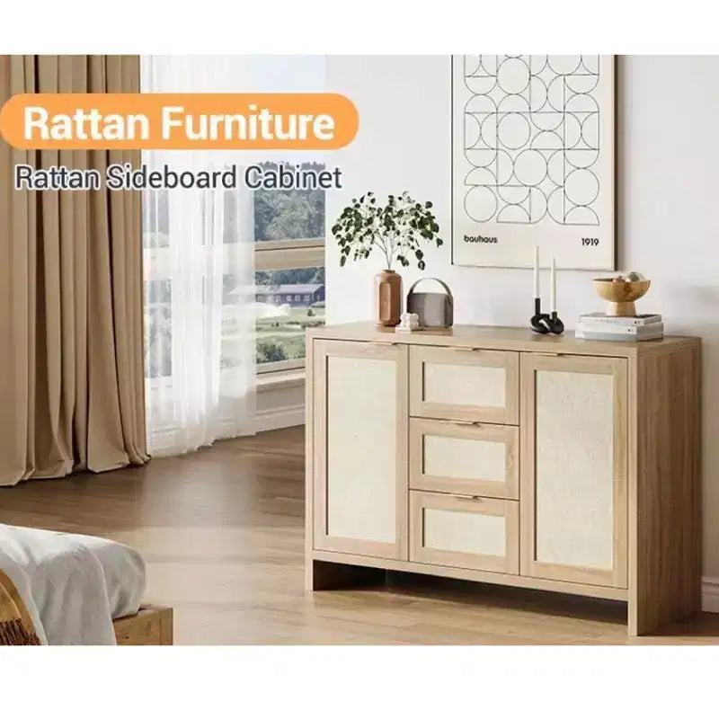 Bahut Garvee en rotin avec 3 tiroirs, meuble de rangement avec étagère réglable, meuble en bois pour salon, cuisine, entrée