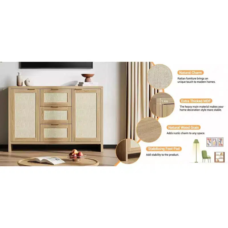 Bahut Garvee en rotin avec 3 tiroirs, meuble de rangement avec étagère réglable, meuble en bois pour salon, cuisine, entrée