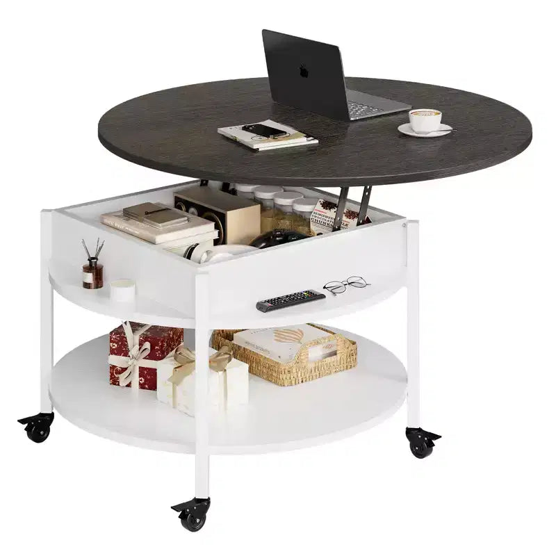 Hausource Lift Top Rolling Coffee Table in WhiteHidden Compartment,Storage Shelve,Wheels