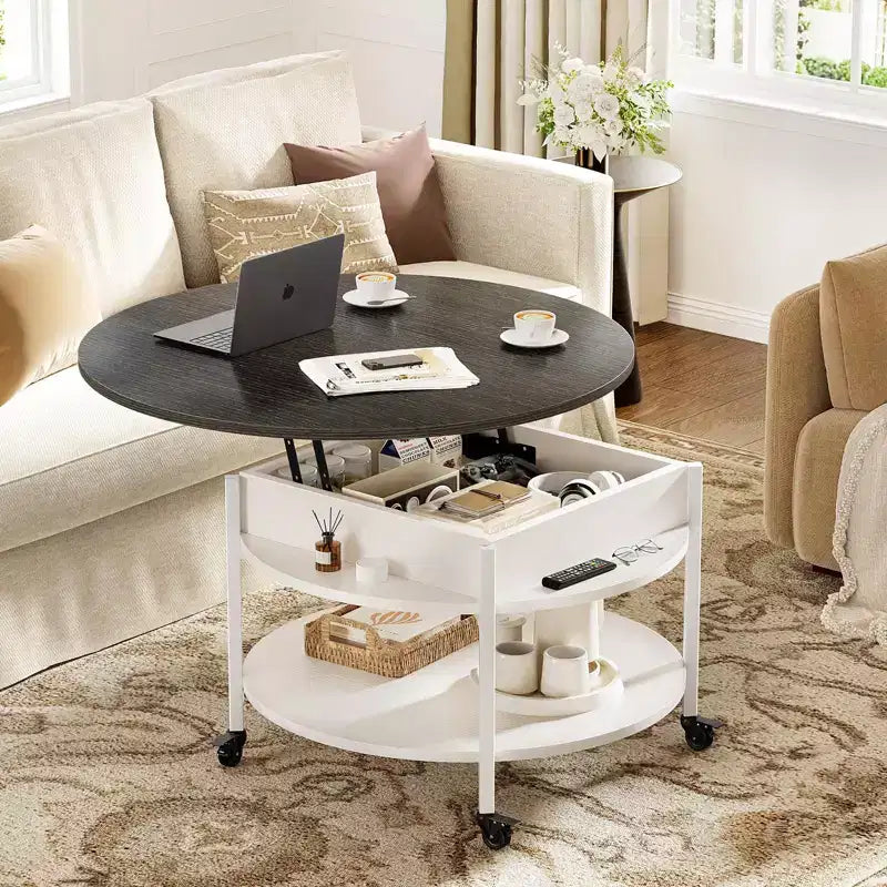 Hausource - Table basse relevable à roulettes blanche avec compartiment caché, étagère de rangement et roues