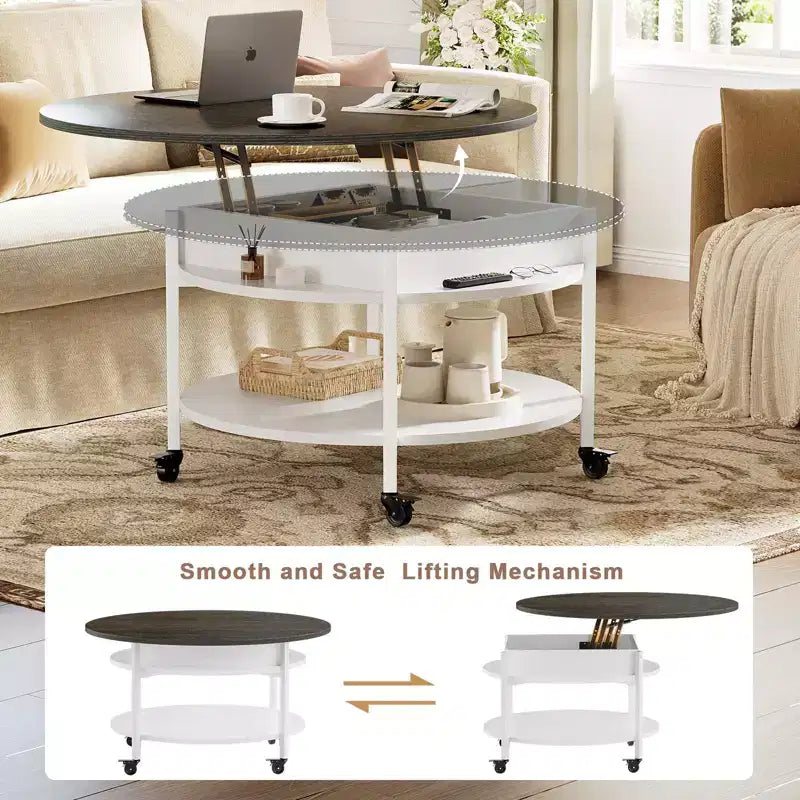 Hausource - Table basse relevable à roulettes blanche avec compartiment caché, étagère de rangement et roues