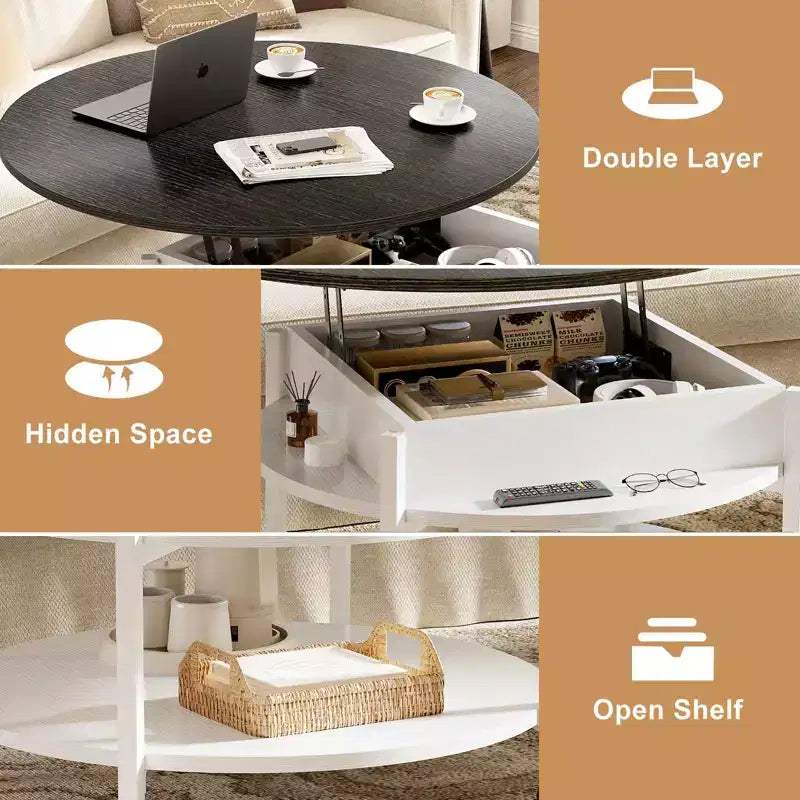 Hausource - Table basse relevable à roulettes blanche avec compartiment caché, étagère de rangement et roues