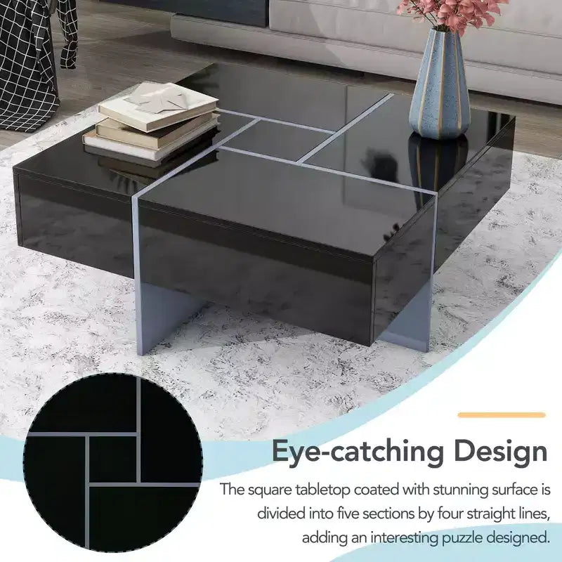 Table basse extensible à plateau coulissant avec 4 compartiments cachés, design unique, finition UV brillante, 80 x 80 cm