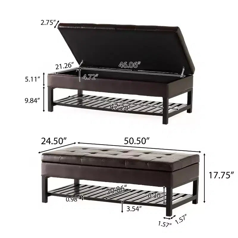 Banc de rangement capitonné contemporain en similicuir Kilbourne de GDFStudio avec étagère, marron