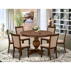 HomeStock Modern Round Dining Table Set Walnut Linen Chairs
