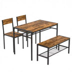 VECELO Table à manger de 110 cm avec banc et 2 chaises pour 4, table de cuisine rectangulaire moderne avec cadre en métal pour petit espace, noir/marron