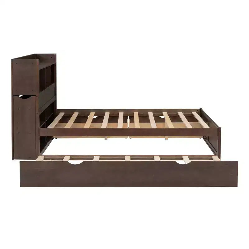Lit plate-forme de rangement Whisen double avec lit gigogne simple, étagères coulissantes et 2 tiroirs