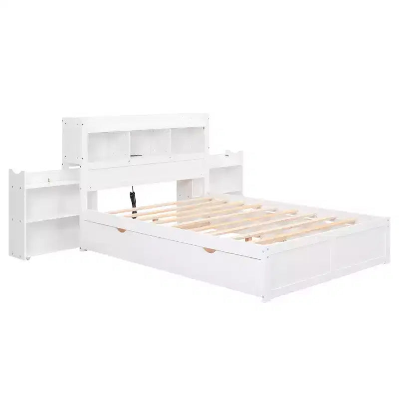 Lit plate-forme de rangement Whisen double avec lit gigogne simple, étagères coulissantes et 2 tiroirs