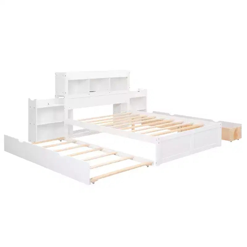 Lit plate-forme de rangement Whisen double avec lit gigogne simple, étagères coulissantes et 2 tiroirs