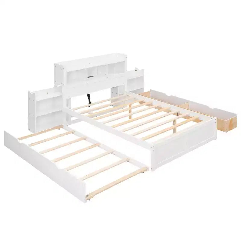 Lit plate-forme de rangement Whisen double avec lit gigogne simple, étagères coulissantes et 2 tiroirs