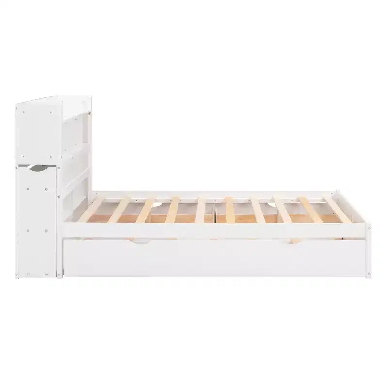 Lit plate-forme de rangement Whisen double avec lit gigogne simple, étagères coulissantes et 2 tiroirs