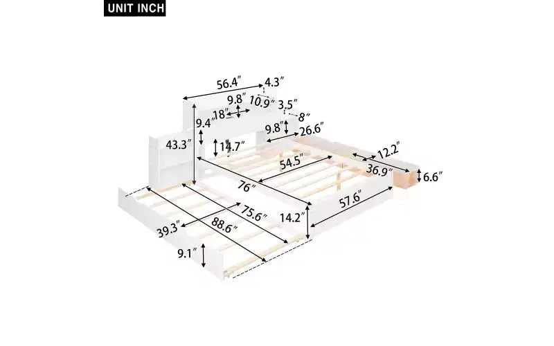 Lit plate-forme de rangement Whisen double avec lit gigogne simple, étagères coulissantes et 2 tiroirs