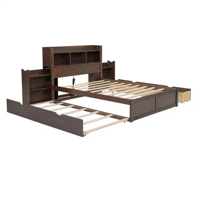Lit plate-forme de rangement Whisen double avec lit gigogne simple, étagères coulissantes et 2 tiroirs