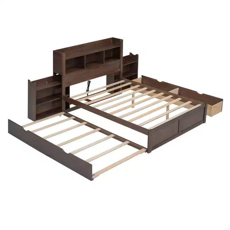 Lit plate-forme de rangement Whisen double avec lit gigogne simple, étagères coulissantes et 2 tiroirs