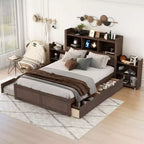Whisen Full Size Storage Platform Bed with Twin Size Trundle, Pull Out Shelves and 2 Drawers