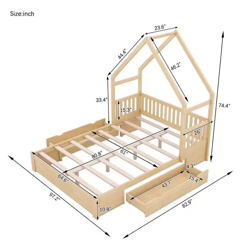 Lit plate-forme en bois Whisen, taille Queen, avec barrière de protection et 2 tiroirs