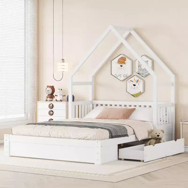 Lit plate-forme en bois Whisen, taille Queen, avec barrière de protection et 2 tiroirs