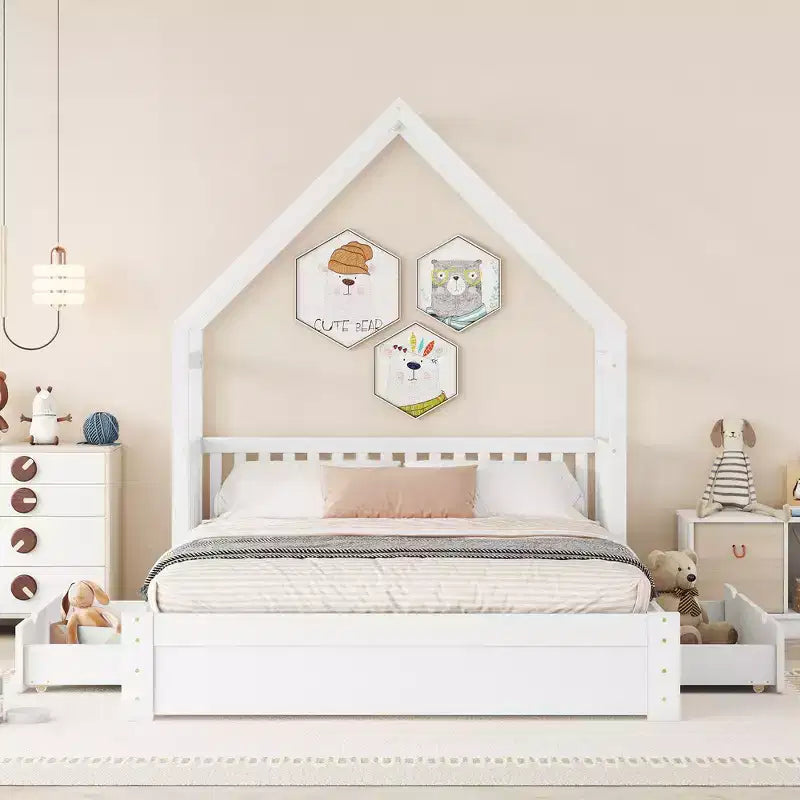 Lit plate-forme en bois Whisen, taille Queen, avec barrière de protection et 2 tiroirs