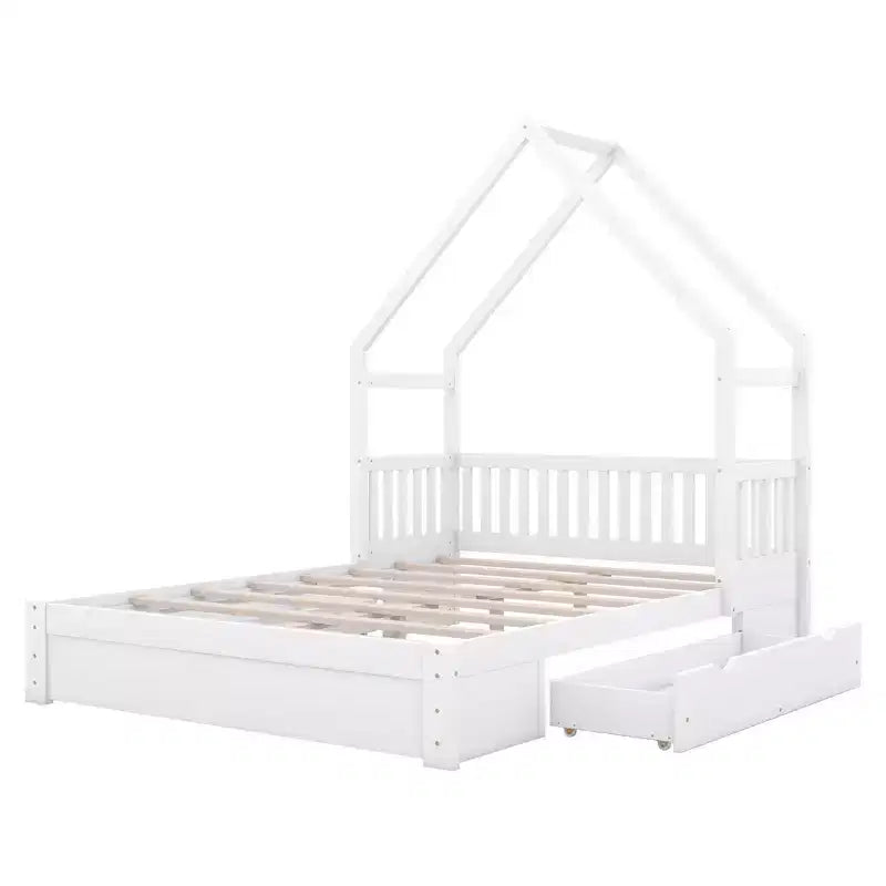 Lit plate-forme en bois Whisen, taille Queen, avec barrière de protection et 2 tiroirs