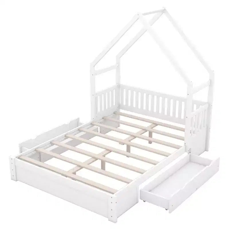 Lit plate-forme en bois Whisen, taille Queen, avec barrière de protection et 2 tiroirs