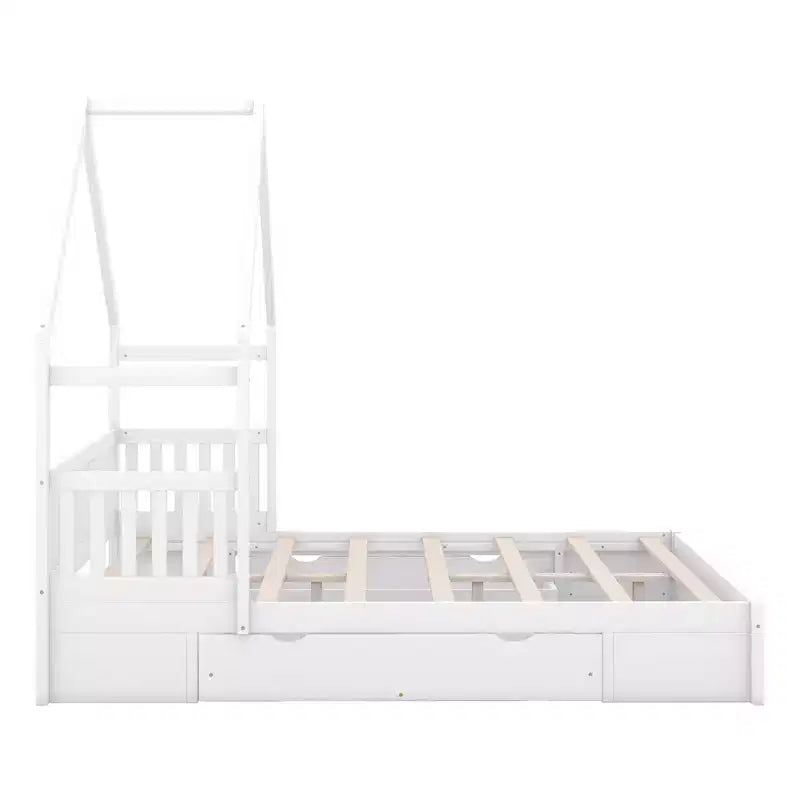Lit plate-forme en bois Whisen, taille Queen, avec barrière de protection et 2 tiroirs