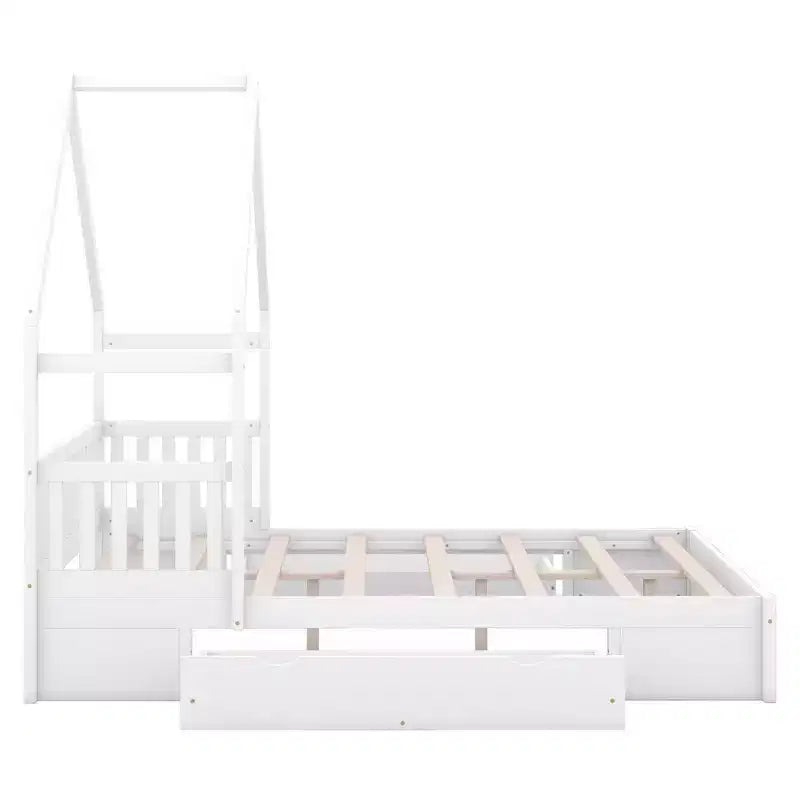 Lit plate-forme en bois Whisen, taille Queen, avec barrière de protection et 2 tiroirs