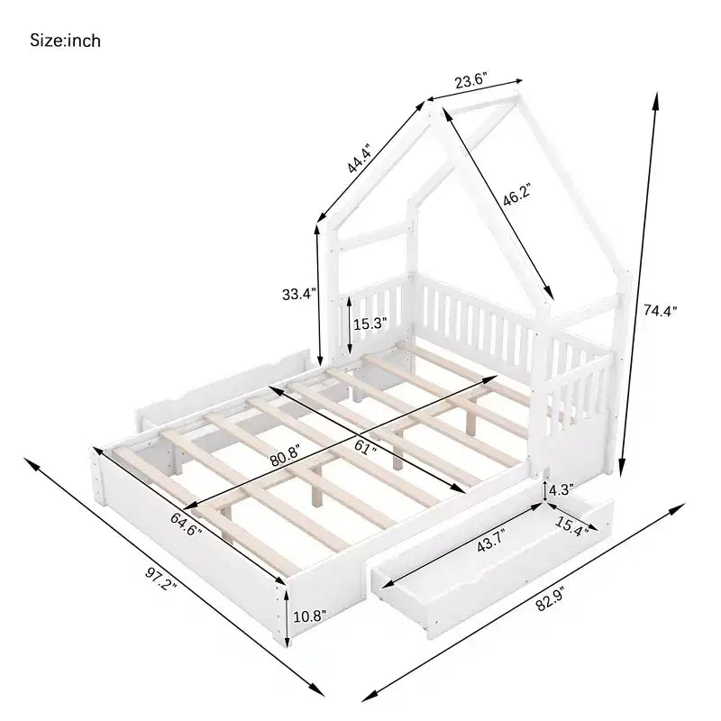 Lit plate-forme en bois Whisen, taille Queen, avec barrière de protection et 2 tiroirs