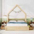 Lit plate-forme en bois Whisen, taille Queen, avec barrière de protection et 2 tiroirs