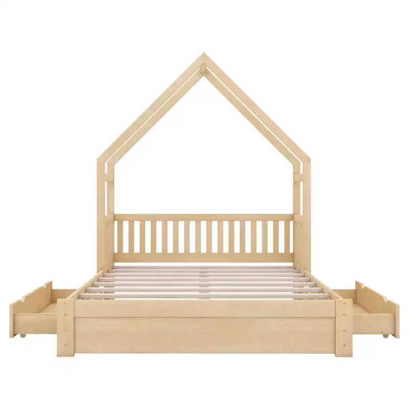 Lit plate-forme en bois Whisen, taille Queen, avec barrière de protection et 2 tiroirs